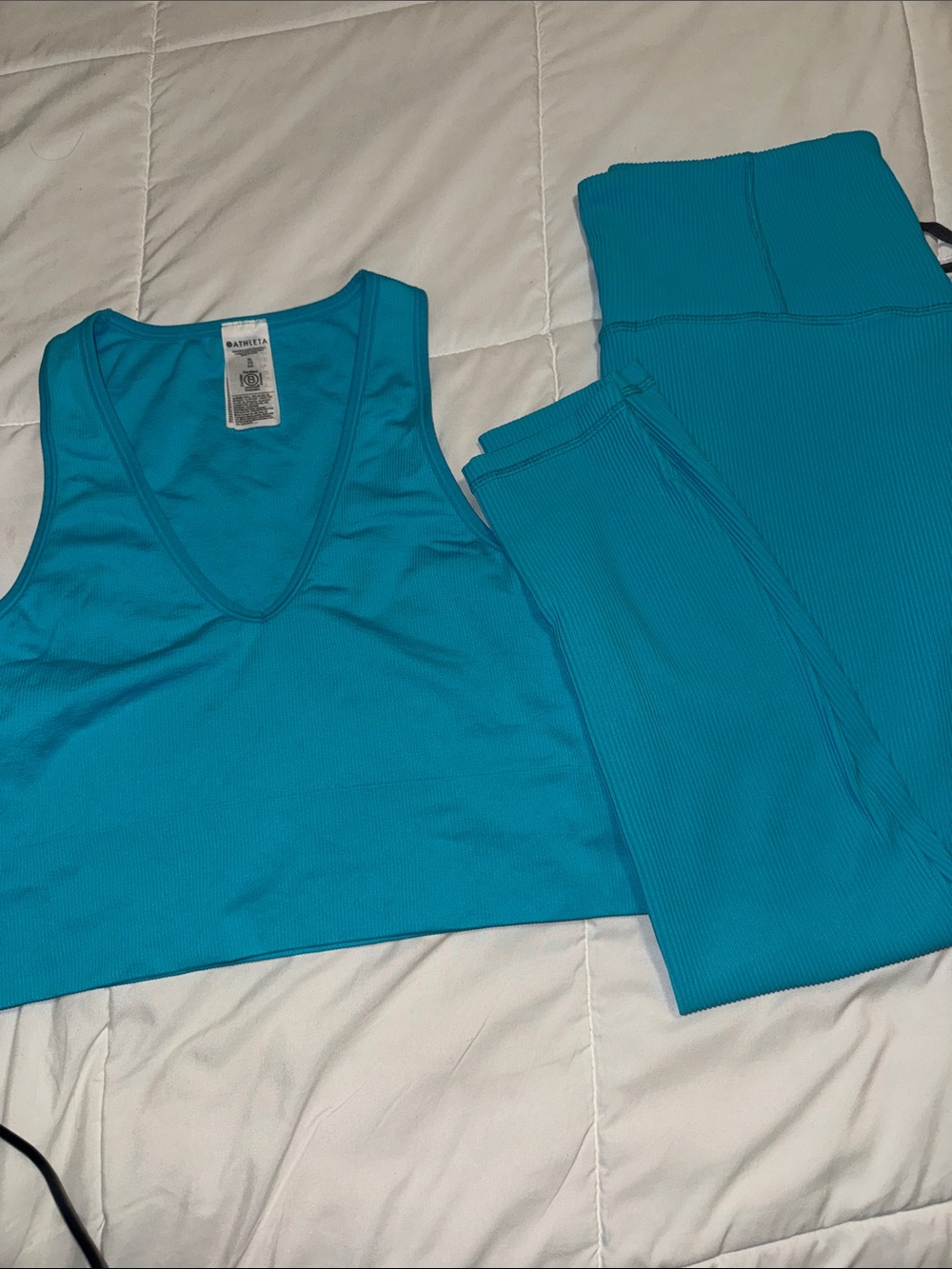 Athleta Ribbed Crop Tank & High-Waist Leggings Set - Teal Blue